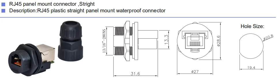 24awg CuZn Thread RJ45 Waterproof Connector Front Panel Mount 24awg