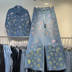 GX61789 Luxury Quality Women Clothing Boutique Street Wear Long Sleeve Denim Sequin Print Jacket and Wide Leg Pant 2 Piece Set