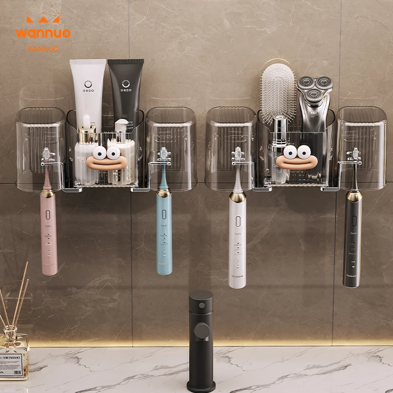 Wannuo Wall-mounted Toothbrush & Cup Holder Bathroom Wall Storage Rack Bathroom Toothbrush & Cup Holder
