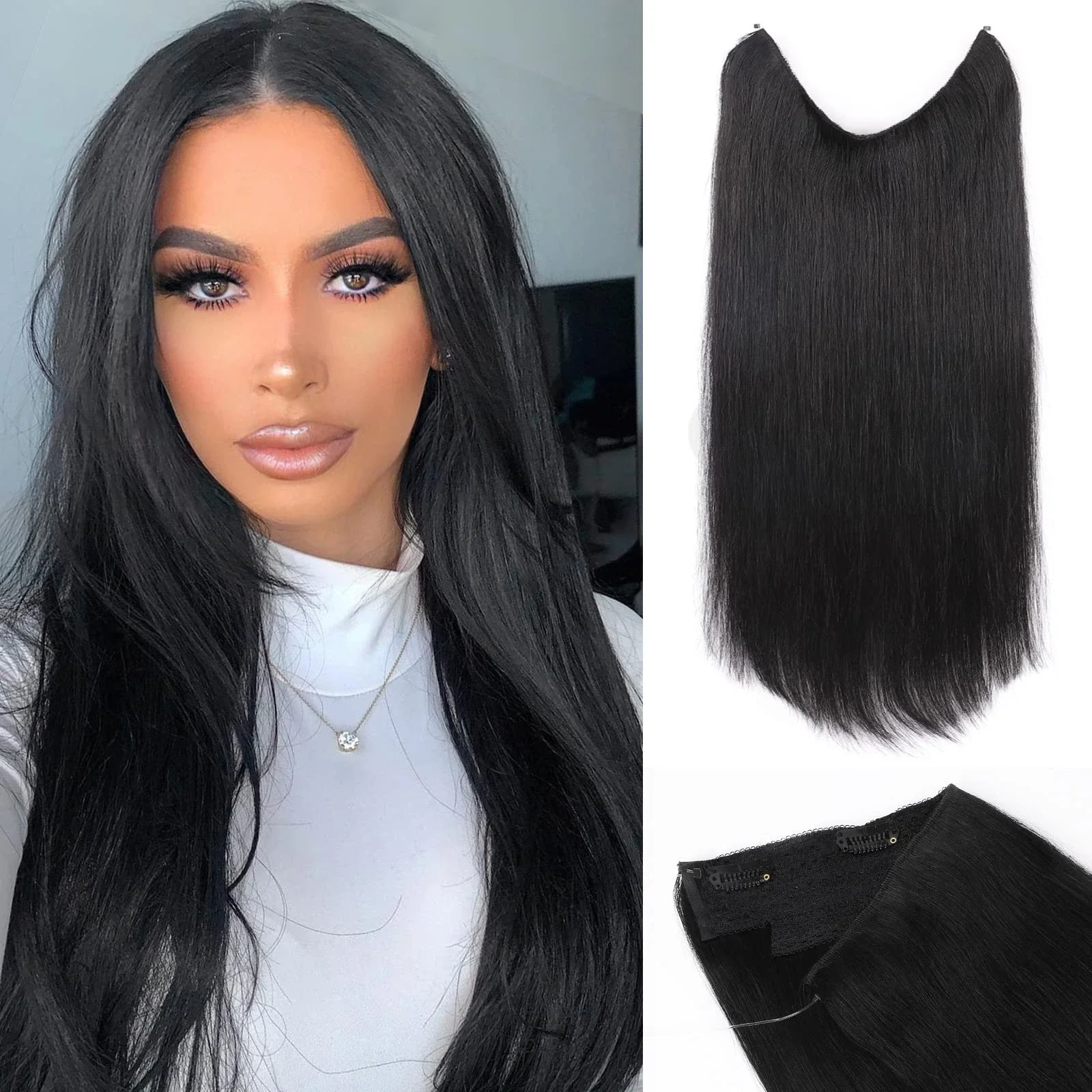 Wire Hair Extensions Real Human Hair with Transparent Headband Adjustable Size 4 Secure Clips Straight Secret Hairpiece #1B_voghion.com