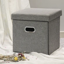 HStex Wholesale Grey Linen Fabric Foot Stools Home Furniture Foldable Storage Drawer Ottoman Small