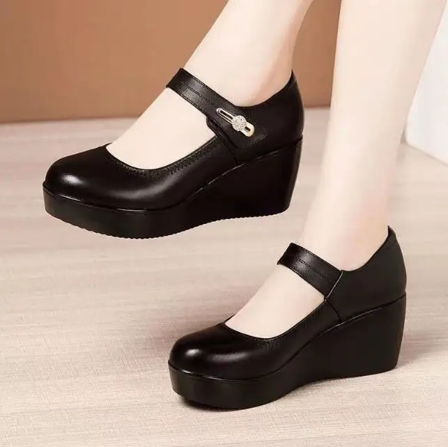 Women's Comfort Black Red Leather Loose Toe Wedges Office Shoes For ...
