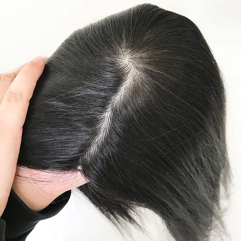 European Virgin Human Hair Topper Silk Top Skin Base Toupee with Clips Hair Piece Natural Black_voghion.com