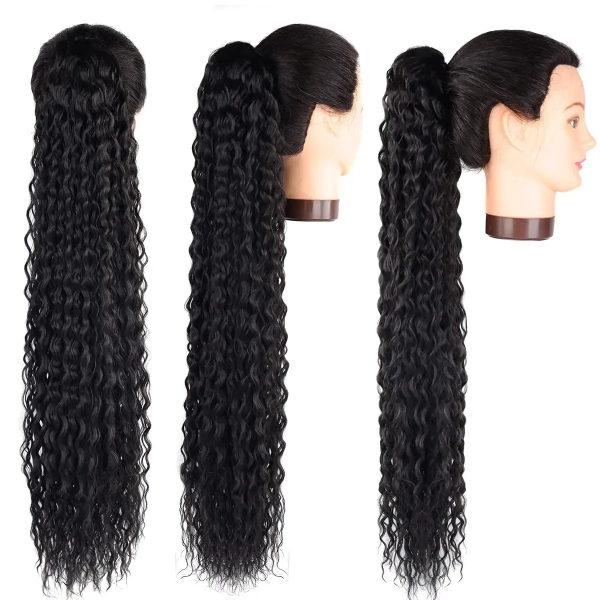 Extensii de coadă de cal creță cu clips în șnur coadă de cal perucă 100% păr uman real lung onduleu adânc coadă de cal perucă pentru femei_voghion.com