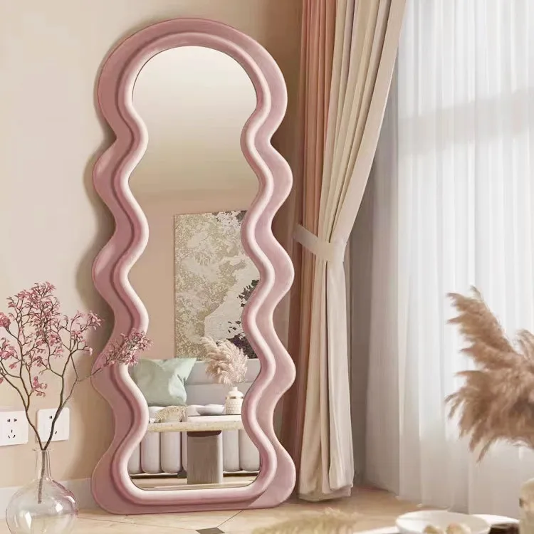 Fabric Frame Wavy Shape Mirror Full Length Big Length Floor Standing Wave Mirror for Bed Room