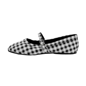 Za2026 Summer Women's Ballet Style Flats Plaid Print Round Toe Mary Jane Shoes with Buckle Strap Height Increasing Feature