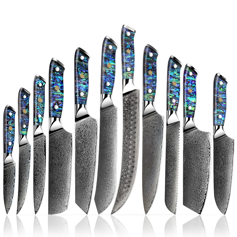 Chef Knife Set Japanese AUS-10 Damascus Steel Full Tang Abalone Shell  Handle New