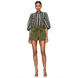 Bow Belt Big Pocket High Waist Plus-size Autumn and Summer New Shopping  Casual  Hot  Shorts Female