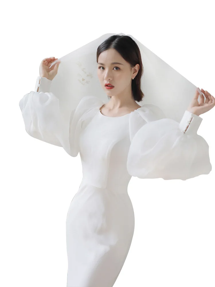 S809F  New White Trailing Temperament Simple White Puff Sleeve Slim Satin Bridal Toast Women Wedding Dress