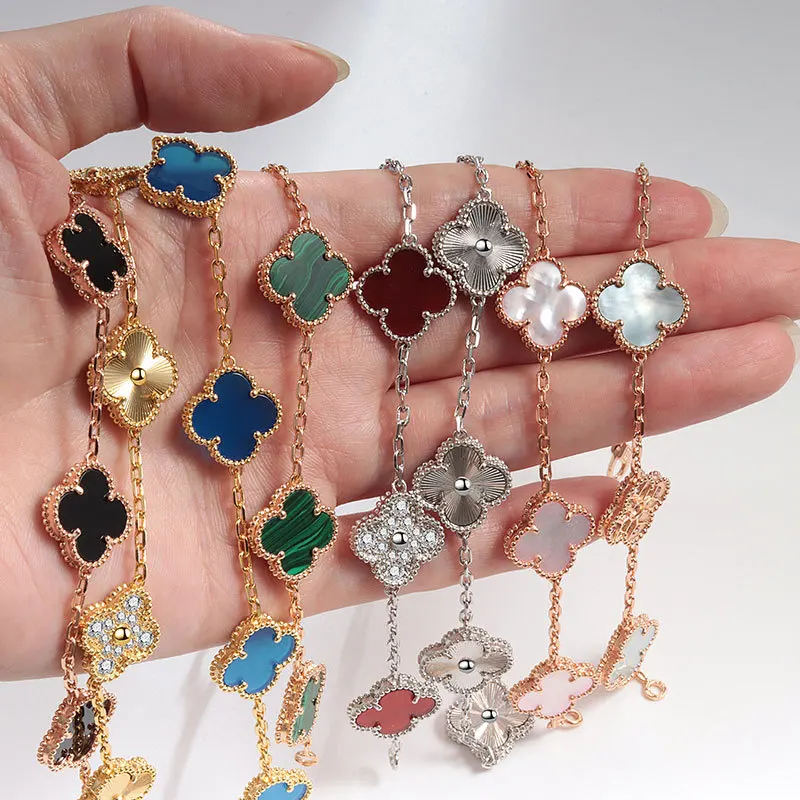 Colorful Natural Stone Four Leaf Clover Bracelet: Trendy Gold Lucky ...
