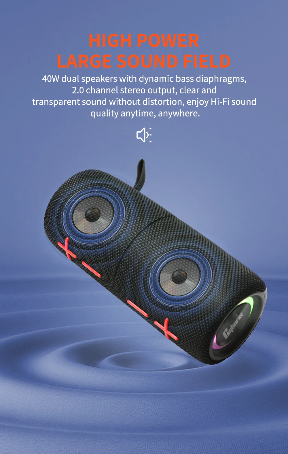 2合1便携式分体式40w无线扬声器，IPX6防水便携式双扬声器，带RGB灯TWS配对，适用于户外、家庭