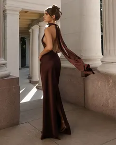 Elegant Satin Halter Backless Maxi Dress for Women Summer Sexy Slim Lady  Club Party Evening Long Dresses