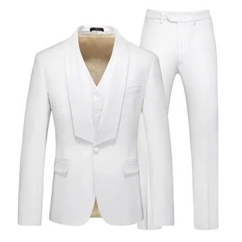 Men's Wedding Three-Piece Business Suit with Shawl Collar 3D Design Flat Front Worsted Fabric