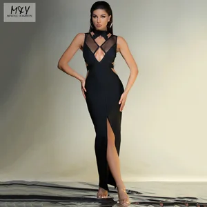 MIYING Fashion Black Bandage Evening Dress Sexy Hollow Cut Spliced Transparent Party Dress Elegant Slit Prom Evening Gown