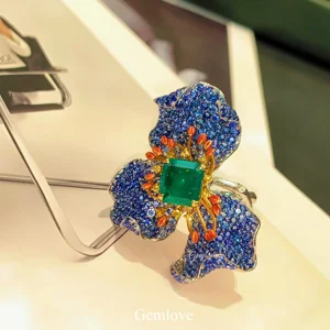 GEMLOVE 6.683CT Blue Sapphire & 2.85CT Emerald Ring - 14K/18K Gold Floral IGI Certified Jewelry