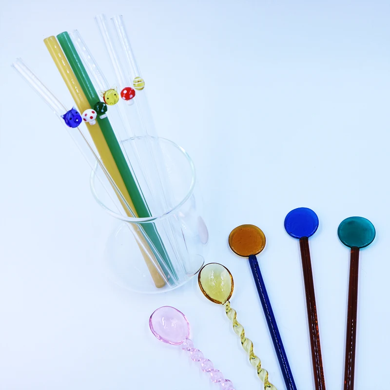 20cm 8mm Eco Friendly Reusable Borosilicate Clear Bent Glass Drinking Straw With Mushroom