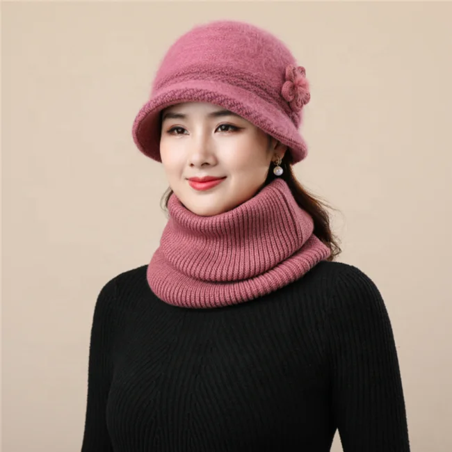 Хорошее качество 2022 вязаная теплая шапка из кроличьего меха зимняя Рыбацкая и шарф с цветком