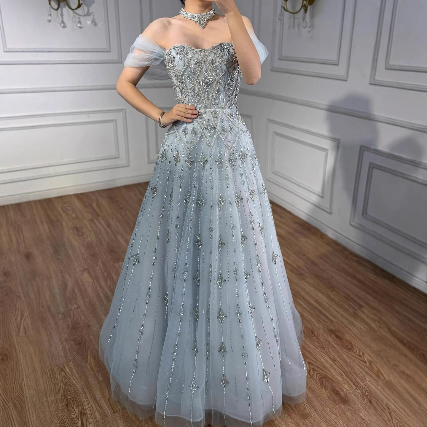 Serene Hill LA73397 Blue A-Line Off-Shoulder Evening Dress Luxury Beaded Dreamy Party Gowns for Women Wedding Guest Serene Hill LA73397 Blue A-Line Off-Shoulder Evening Dress Luxury Beaded Dreamy Party Gowns for Women Wedding Guest