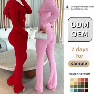 ODM OEM Custom Women's Hooded Sweatshirt Set Custom Blank French Terry Cotton pink Zip up Cropped Hoodie and Joggers Set