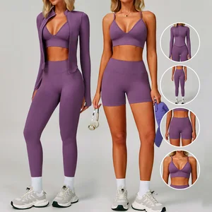 Women's Seamless Tight-Fitting Gym Yoga Set 4 Piece Quick-Drying Sports Fitness Bra Top High-Waist Leggings Plus Size High-Waist
