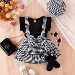 Summer Baby Girls Clothing Set Plaid Top with Flying Sleeve Suspender Skirt Socks Hat Girl's Fashion Set