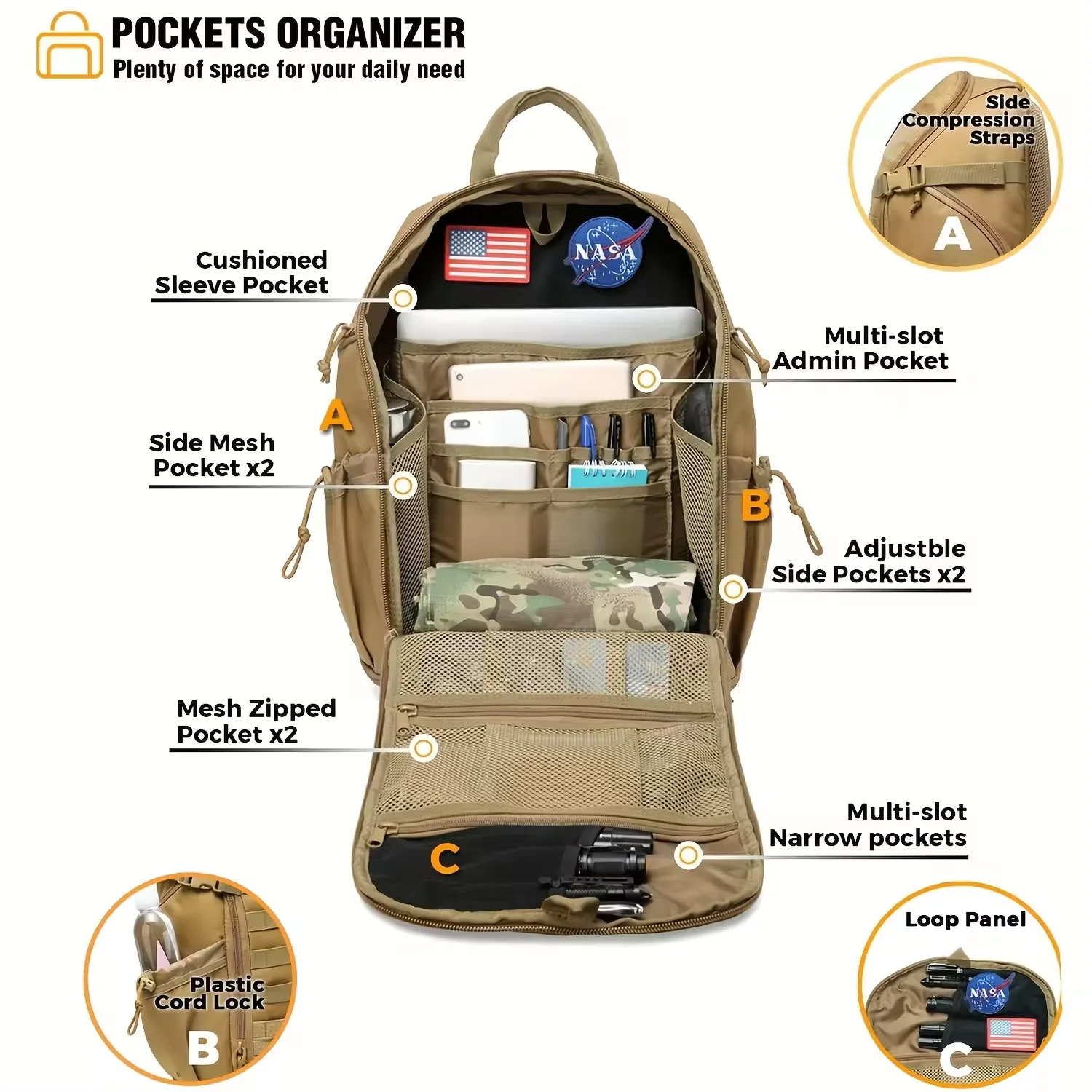 45L Large Capacity Tactical Backpack Molle System PVC/Nylon/Polyester Lining Zipper for Outdoor Hiking Camping 3-Day EDC Assaul
