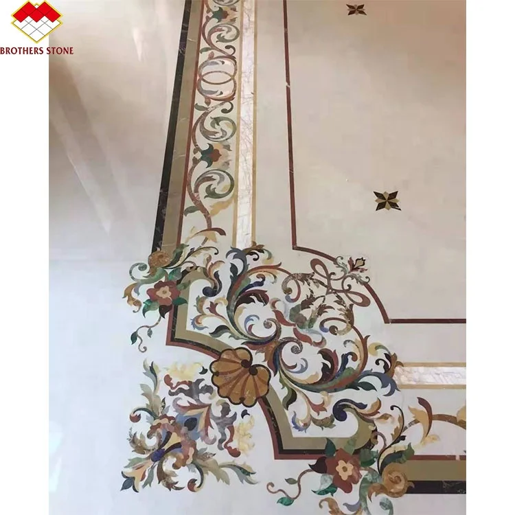 Customized Marble Medallion Arabic Majlis Marble Mural Decoration Rectangle Flower Waterjet Marble Tiles Design Floor Pattern
