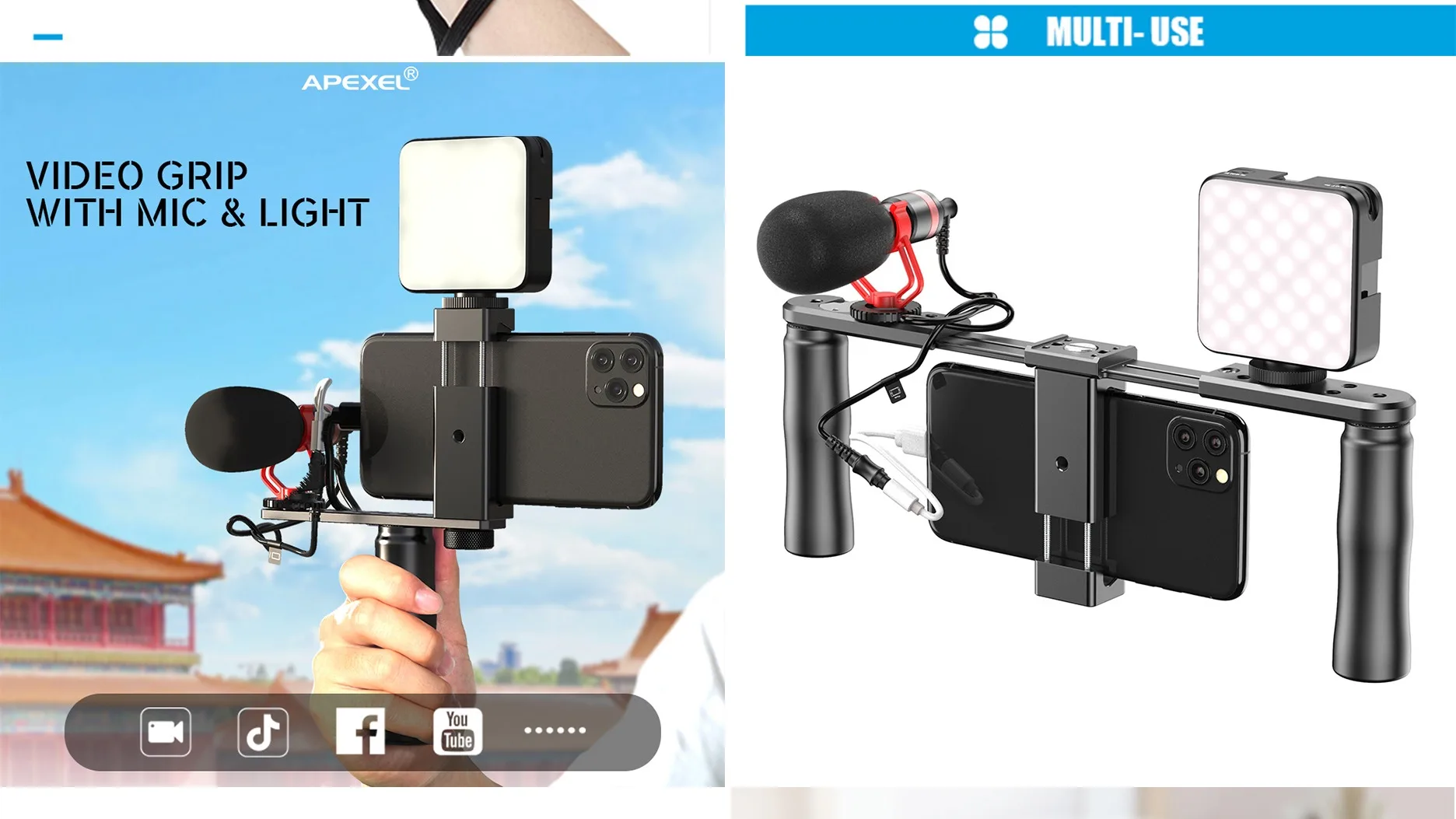 Peralatan Vlogging Video Handle Grip Tripod Mikrofon Fotografi Fill Light 4 In 1 Vlogging Kit