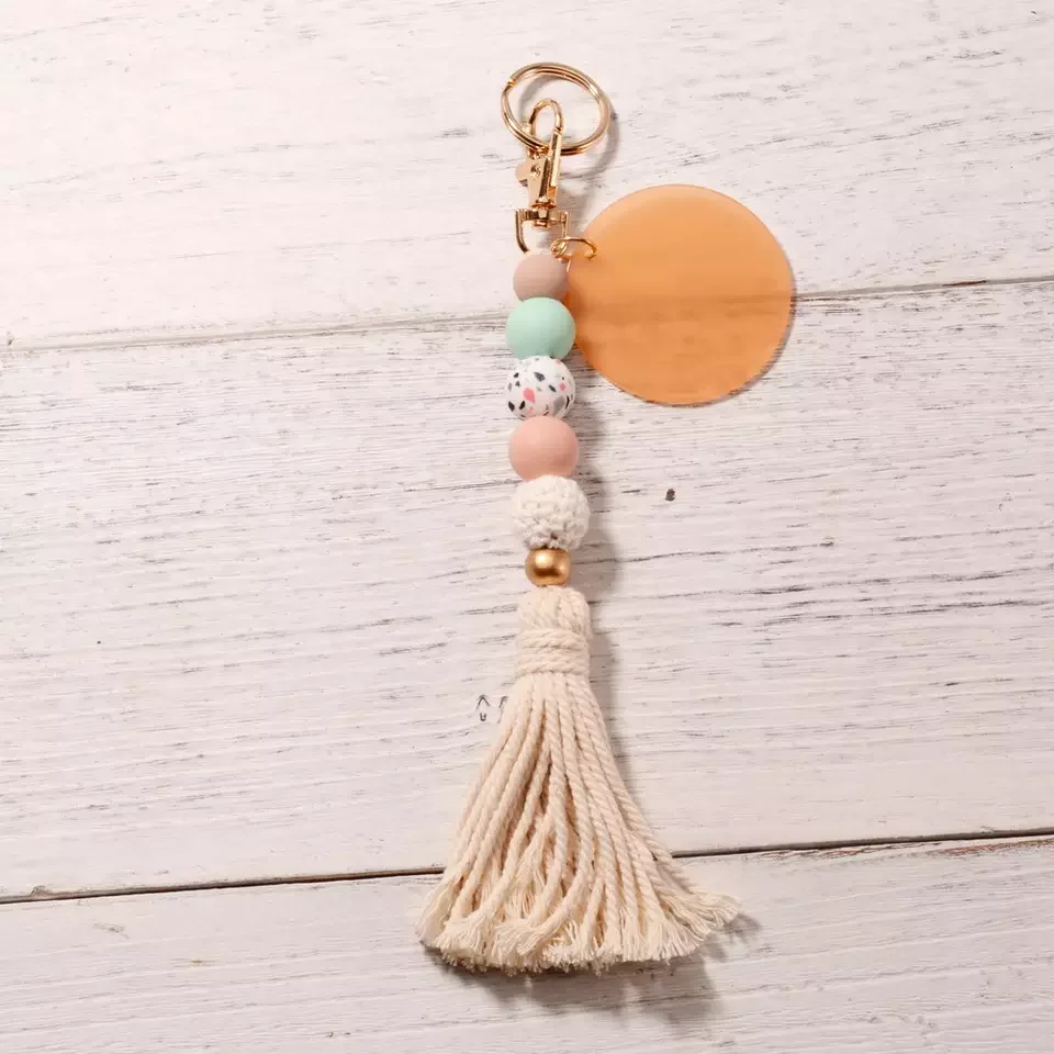 Boho Silicone Bead Tassel Keychain with Wooden Disc – Cows and Blanks