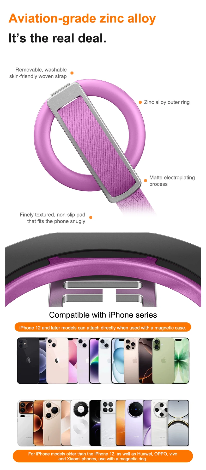 N52 Magnet Phone Grip Ring Holder Foldable Kickstand Wrist Strap 60g Lightweight for Smartphone Daily Carry