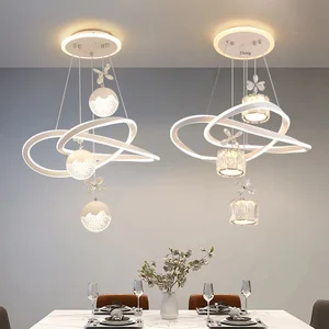 JACKSUN Led Crystal Decor Chandelier with Remote Control Adjustable Height Silver Ceiling Pendant Lights 120W 220V for Dining