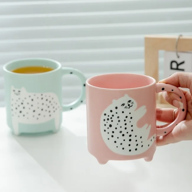 Creative Frosted Cute Cat Mug with Four-Legged Tea Cup Spotted Ceramic Coffee Mug Set of 4 for Gifts