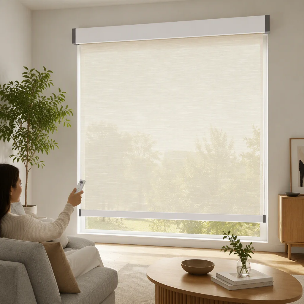 Motorized Roller Shades Simple Cream White Semi-Sheer Fabric RF Remote App Control Square Headrail Custom Size Living Every Day
