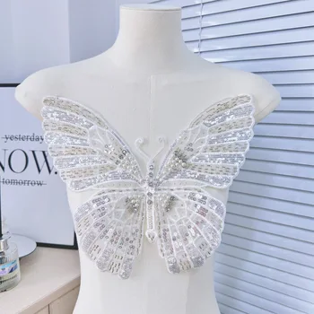 PE503 handmade pearl butterfly patches embroidery sequin beaded appliques for clothing