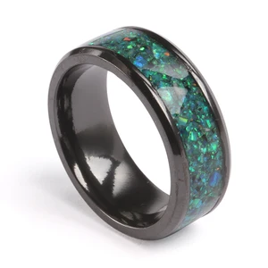 Tizti Jewelry Black Color High Polished Crushed Green Blue Opal Inlay Black Ring Tungsten Titanium Zirconium Mens Wedding Bands