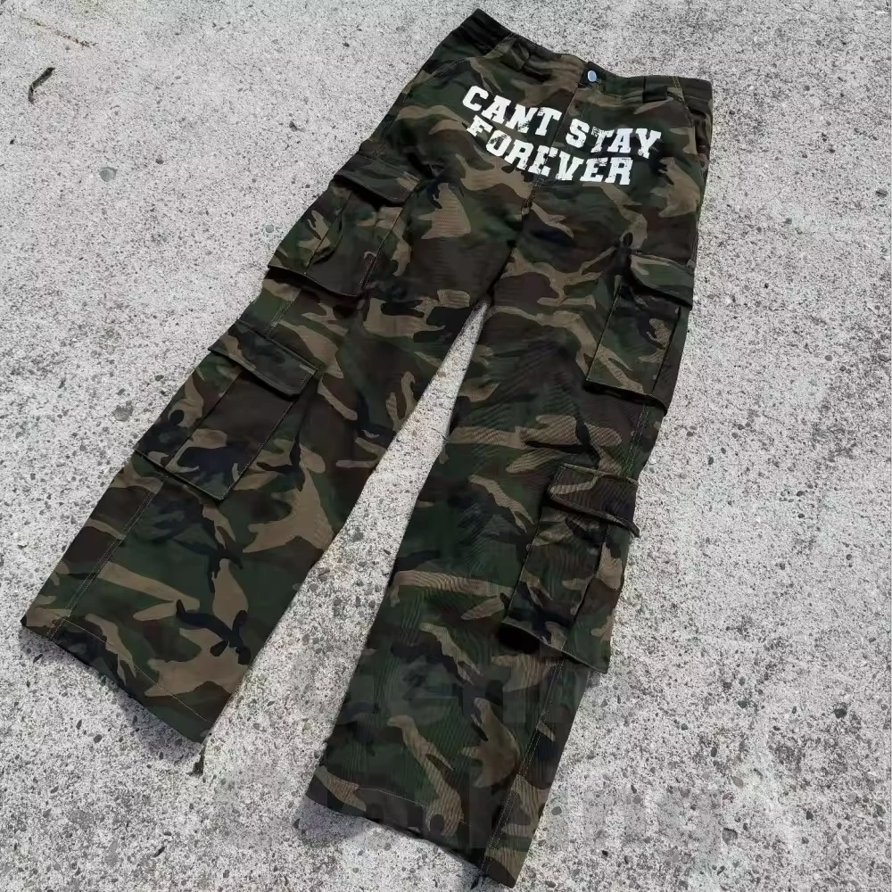 Custom Full Dtg Camo Print Cargo Pants Canvas 6 Pocket Cargo Pants Men Wide Straight Leg Oversized Baggy Vintage Washed Trousers gallery 3