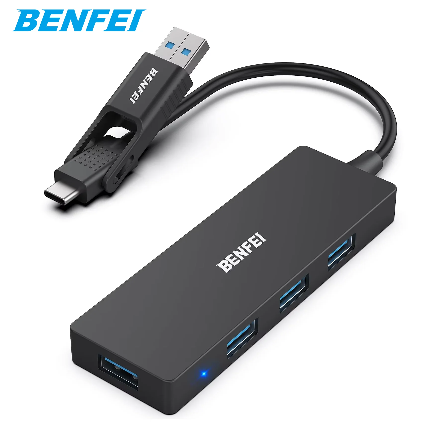 BENFEI USB Type-A/Type-C Hub with 4 USB 3.0 Ports Compatible with iPhone 15 Pro/Max, Mac Book Pro/Air 2023, iPad Pro, IMac, S23