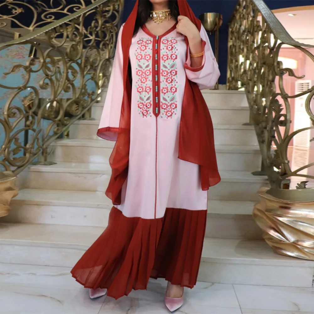 New Muslim Dress Abaya Middle East Arab Dubai Southeast Asia Hot Sale Clothing Embroidered Patchwork Robes Caftan Hijab Scarf details