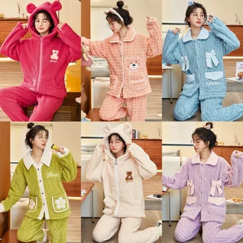 Factory direct wholesale pajamas, autumn and winter women's plus fleece pajamas hoodie set home clothes, pajamas winter set