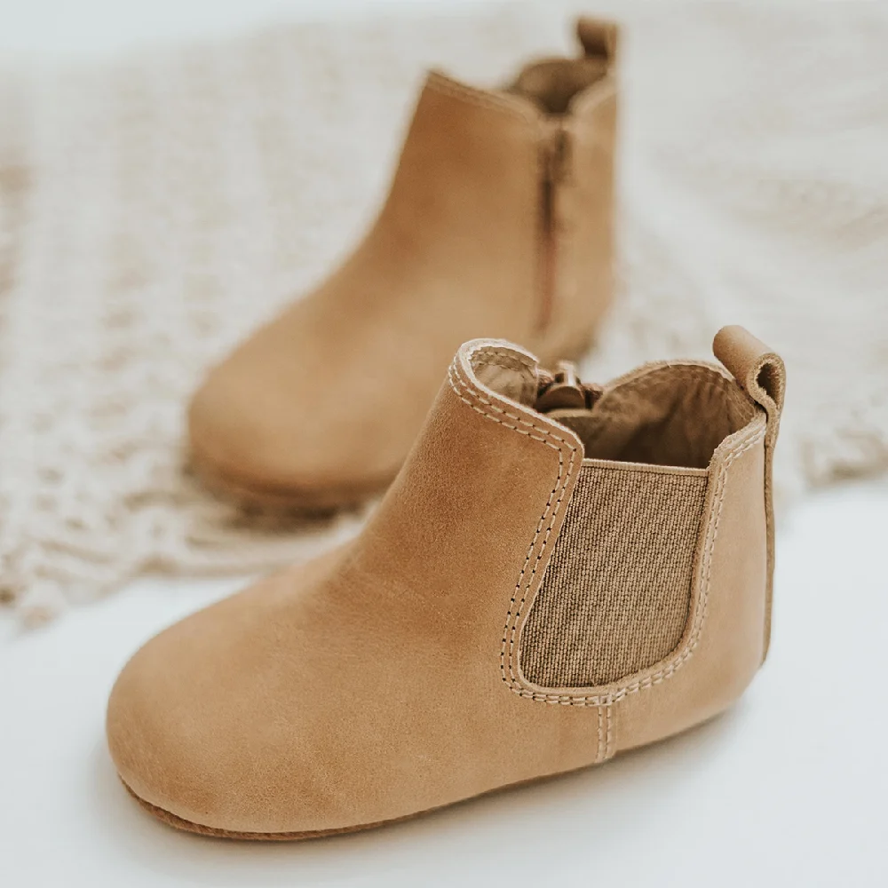Top-Level Waxed Leather Soft Sole Brown Baby Indoor Shoes Baby Chelsea Ankle Boots