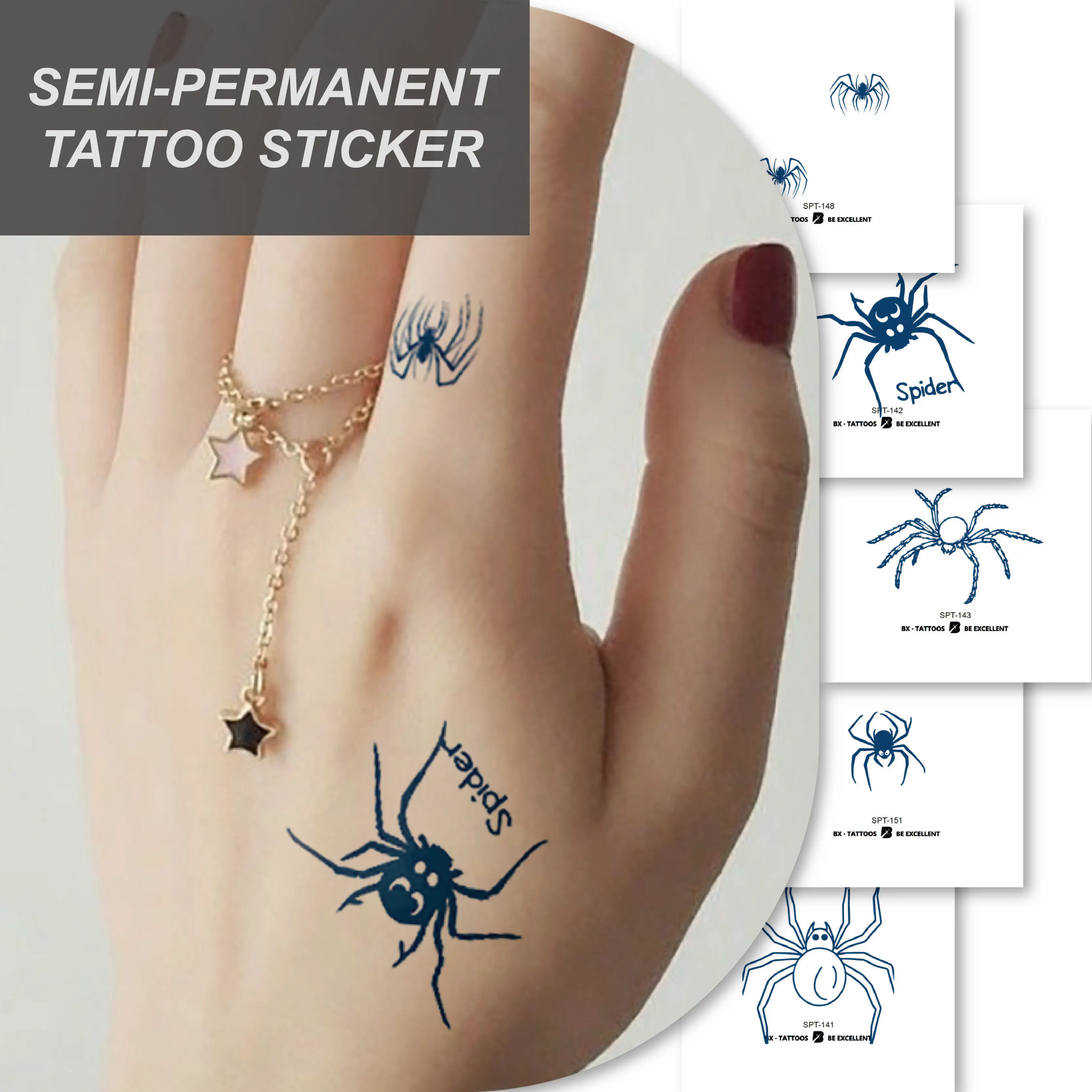 Custom Adult Children's Semi-Permanent Spider Tattoo Stickers Non-Toxic Long-Lasting Paper Temporary Juice Tattoos-Body Tattoo