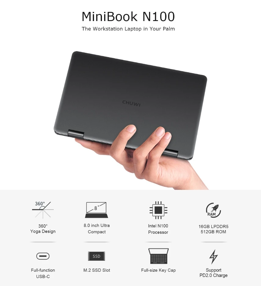 2024 Chuwi MiniBook 8inch N100 16GB RAM 512GB 1TB 2TB SSD Win11 Handheld  Business Travel Pocket Mini Laptop