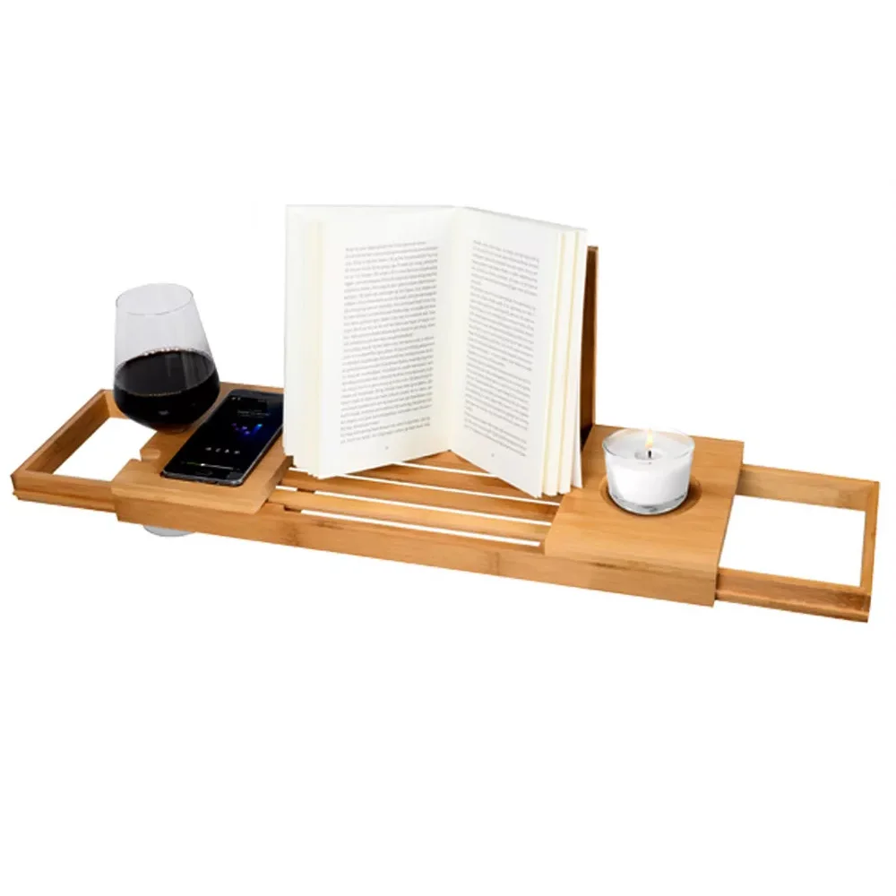 product bamboo bathtub caddy extendable bath tray with wine glass phone book holder luxury spa bathroom organizer for relaxing bath-6