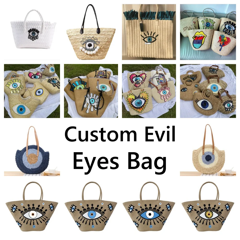 Custom Evil Eyes Straw Tote Shoulder Beach Bag Product Show Stream 2023