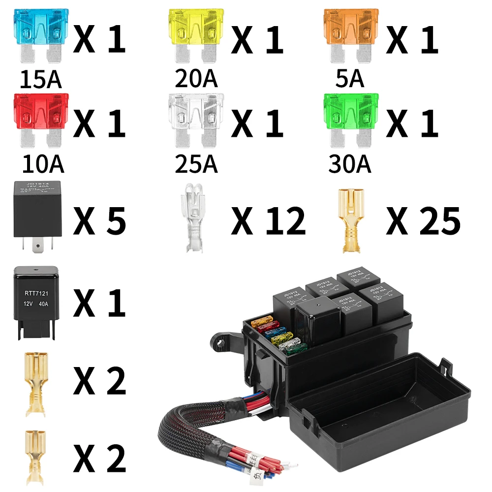 12slot Relay Box With Spade Terminals Fuses And 6pcs 4pin 12v 40a
