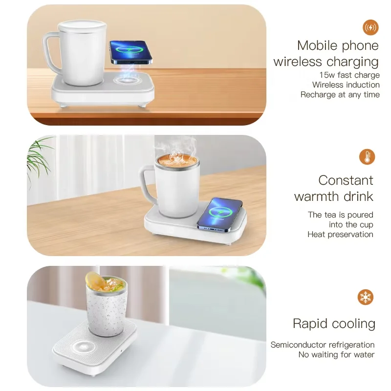 Black 3-in-1 Cup Heating Cooling Pad Smart Coffee Warmer/Chiller with 15W Wireless Phone Charger for Home Work 7