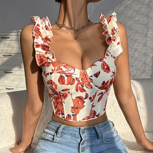 2026 Women's Corset Girl Summer Sweet New V-neck Sexy Print With Chest Pad Fishbone Slimming Back Strap Top Tummy Control Shaper