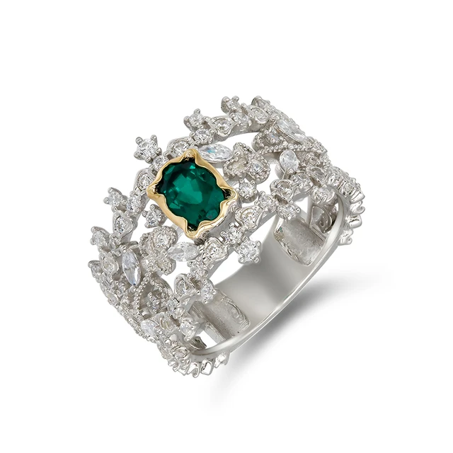Dunli Jewelry Manufacturer Wholesale Japanese style Vintage Luxury S925 Silver Plated 14K Gold Emerald Ring