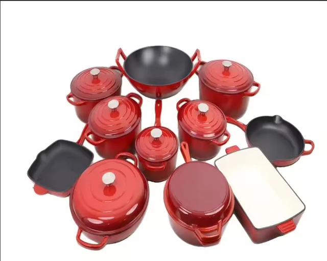 Customized Multi-functional Enamel Cast Iron Cookware Set Non-stick18-piece Set Large-capacity Frying Pan Soup Pot Steak Pot Set