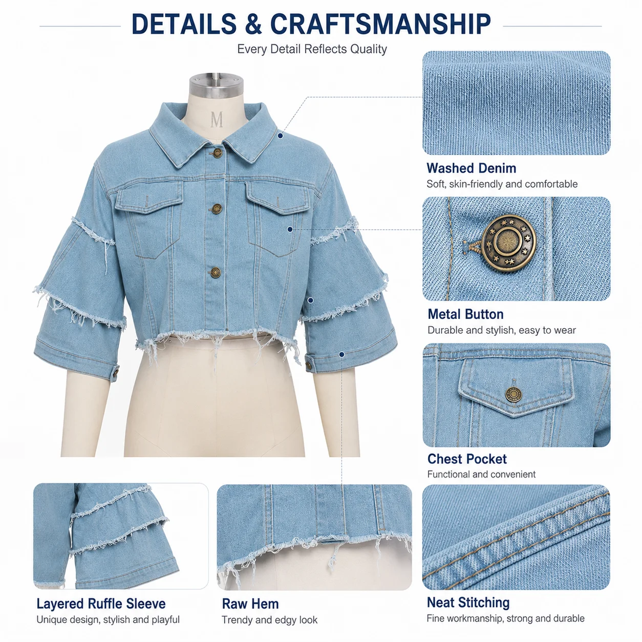 New Fashion Button Tassel Casual Solid Motorcycle Denim Cropped Jacket with Cotton Filling and Pockets for Women